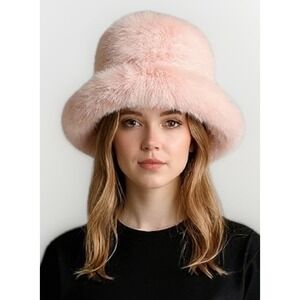 Fuzzy Light Pink Bucket Hat Warm Faux Fur One Size Adjustable
